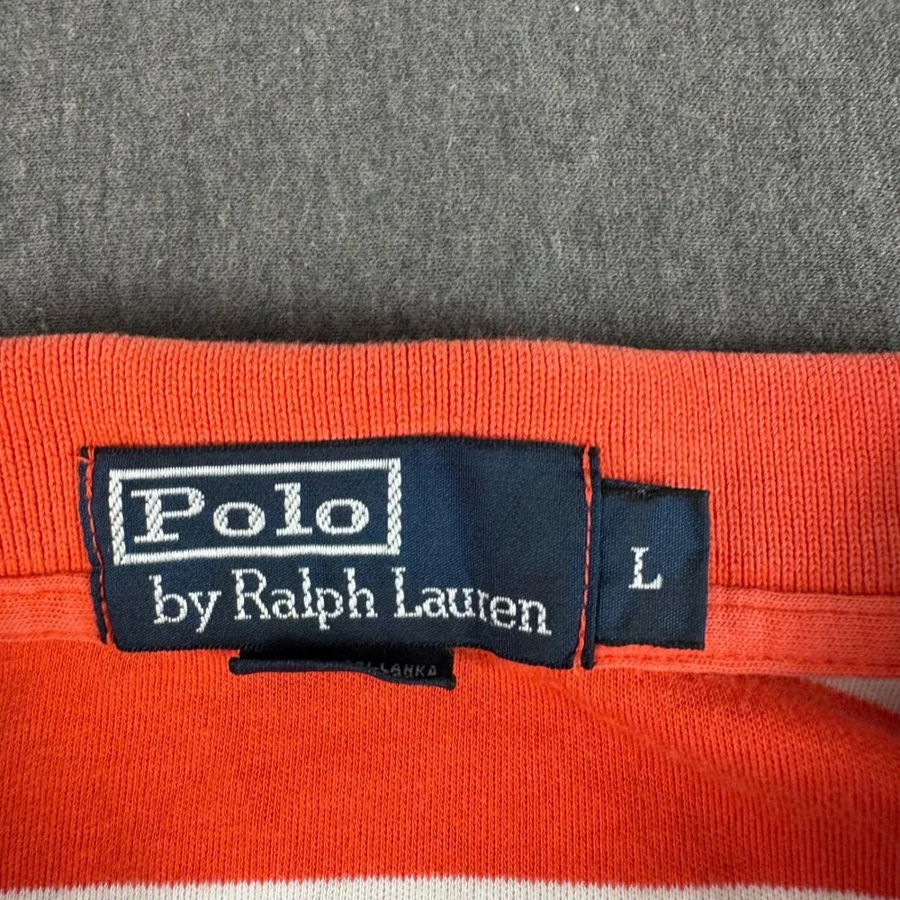 Polo Ralph Lauren Mens Large Orange White Striped Short Sleeve Cotton Polo Shirt